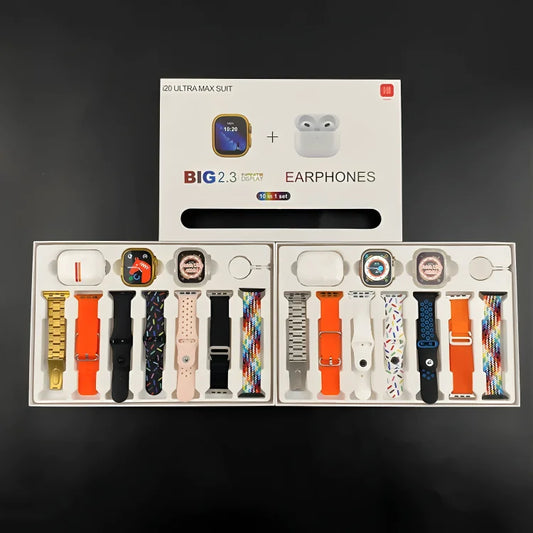 I20 Ultra Max Smart Watch 2.3 Inch Large Screen 10 in 1 Box with 7 Straps and AirPods 2