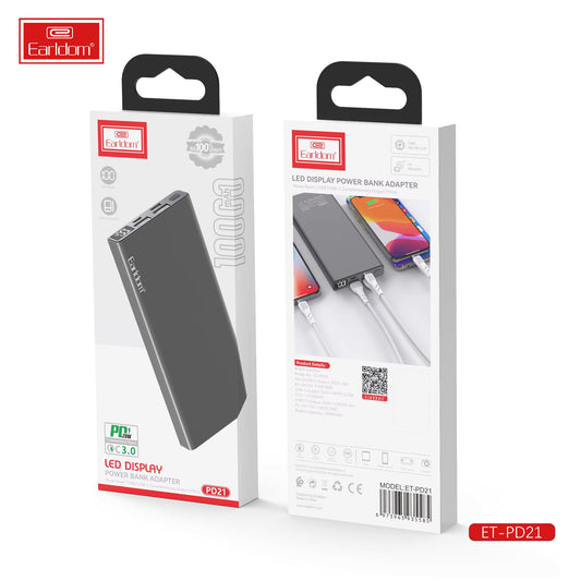 Earldom Power Bank PD21 10000 MAh , 20W PD , Fast Charging , Led Display