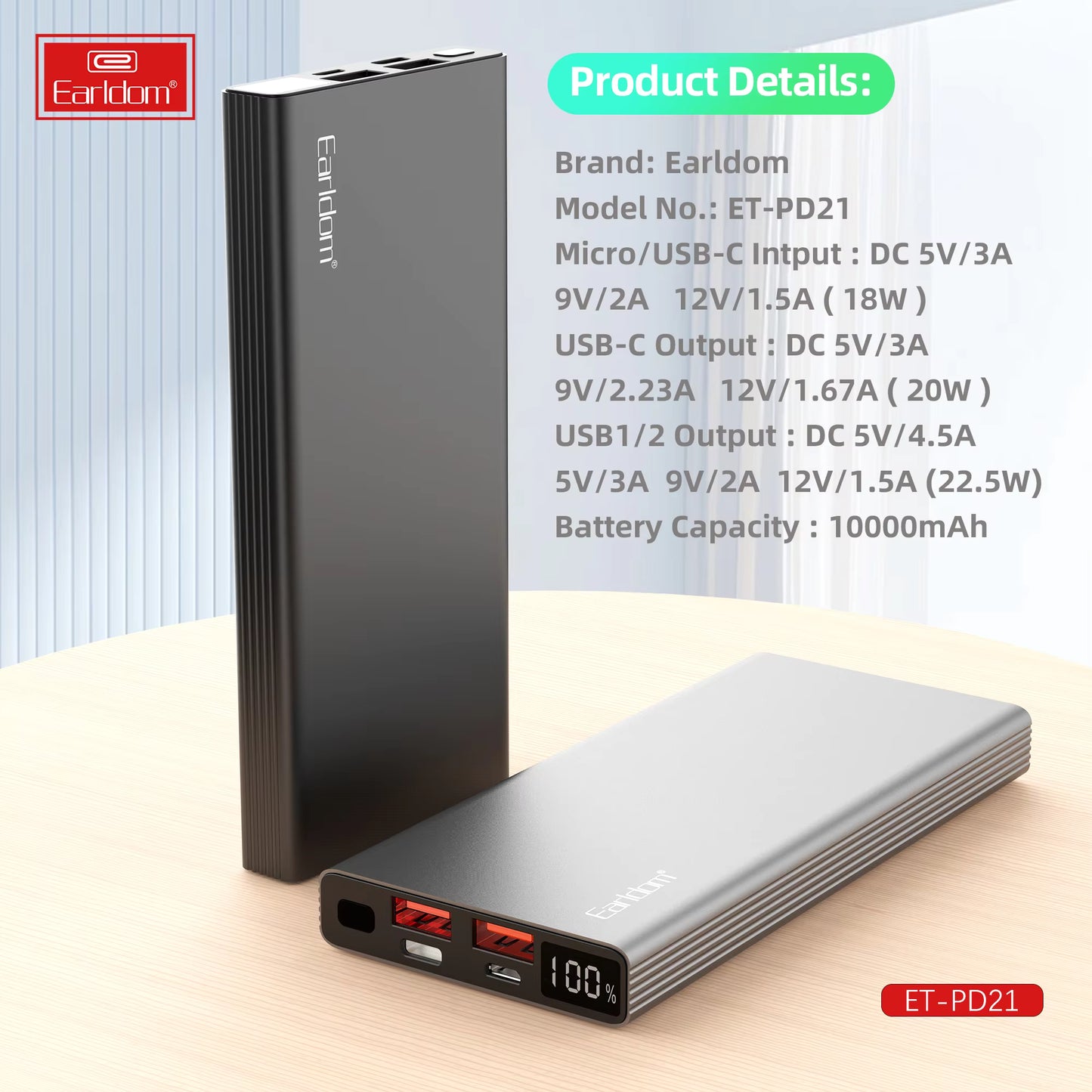Earldom Power Bank PD21 10000 MAh , 20W PD , Fast Charging , Led Display