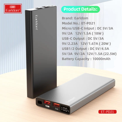 Earldom Power Bank PD21 10000 MAh , 20W PD , Fast Charging , Led Display